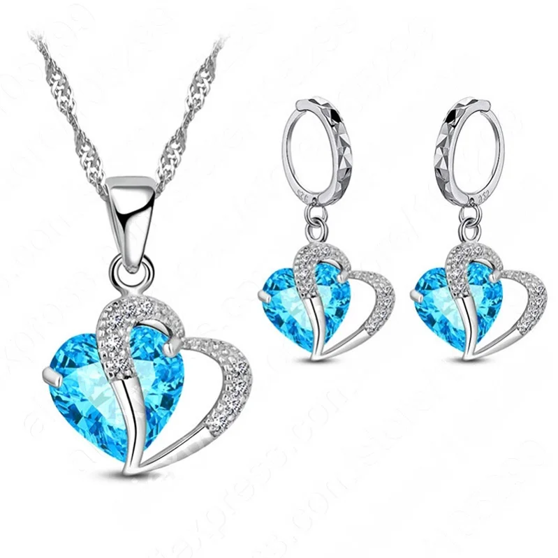 light blue Роскошные женские 925 пробы серебряные кубические циркония ожерелье набор из подвески и серег хряща пирсинг ювелирные изделия свадебное сердце дизайн - Окраска металла: light blue