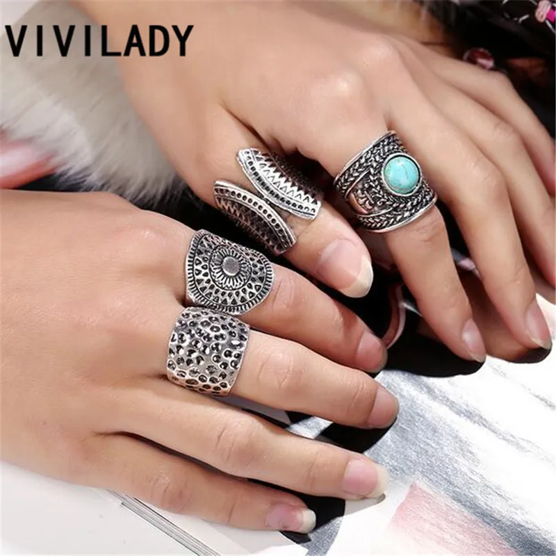 Vivilady Мода Ретро сплава Gypsy Резные Тотем 4 шт. натуральный Камни midi-тарельчатая
