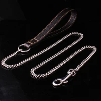 9mm wide fashion black leather pet dog jewelry leash lead silver color curb chain for walking running 9inch52inch high quality