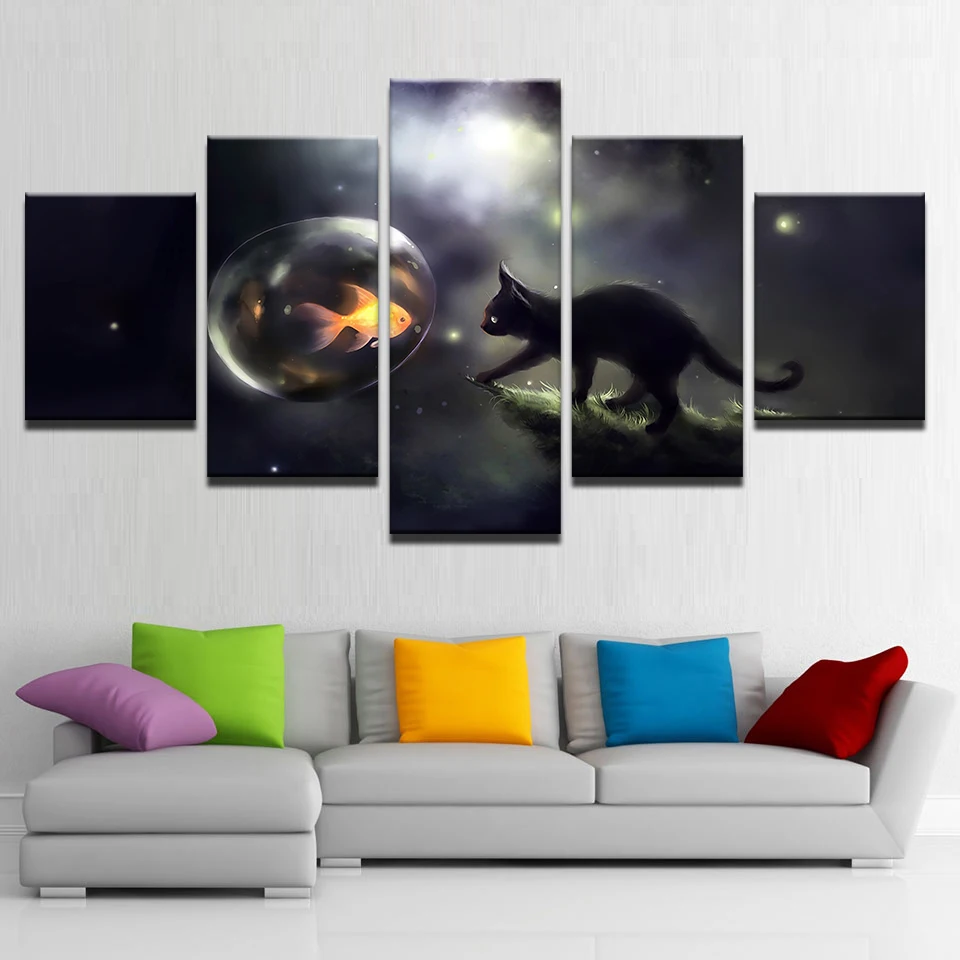

5 Piece Black Cat Bubble Goldfish Painting Home Decor Canvas HD Prints Poster Wall Art Modern Abstract Fish Picture Frame