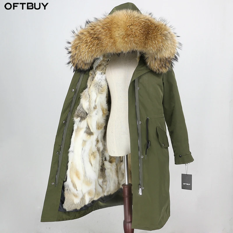 OFTBUY водонепроницаемая верхняя одежда X-long Parka зимняя куртка женская шуба из натурального меха енота капюшон Подкладка из натурального кроличьего меха