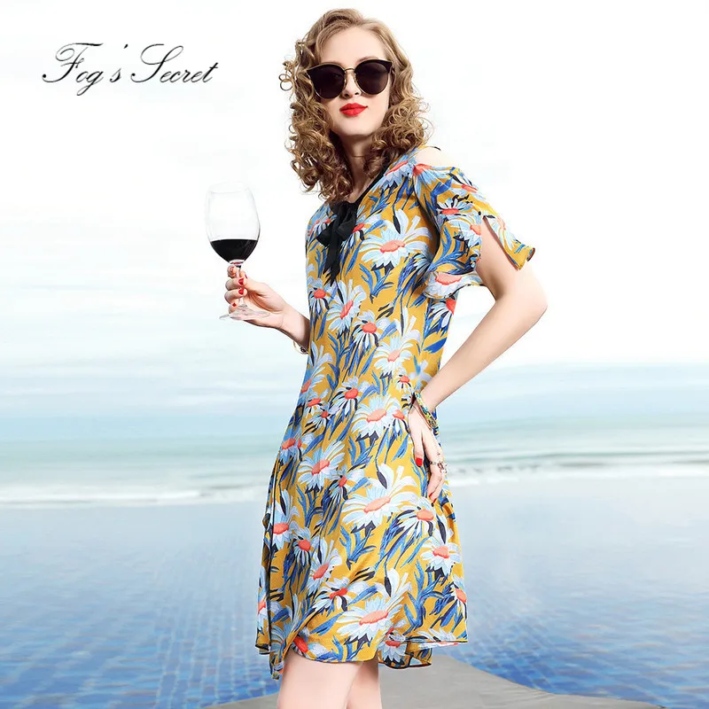 Летние женские Настоящее шелковое платье для 2018 молодых Желтых Цветов Платье С