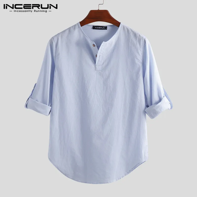 Light Blue Shirt INCERUN, модные мужские рубашки с длинным рукавом, хлопок, одноцветная Повседневная Базовая рубашка, мужские топы, досуг, пуловеры для фитнеса, Camisa размера плюс - Цвет: Light Blue Shirt