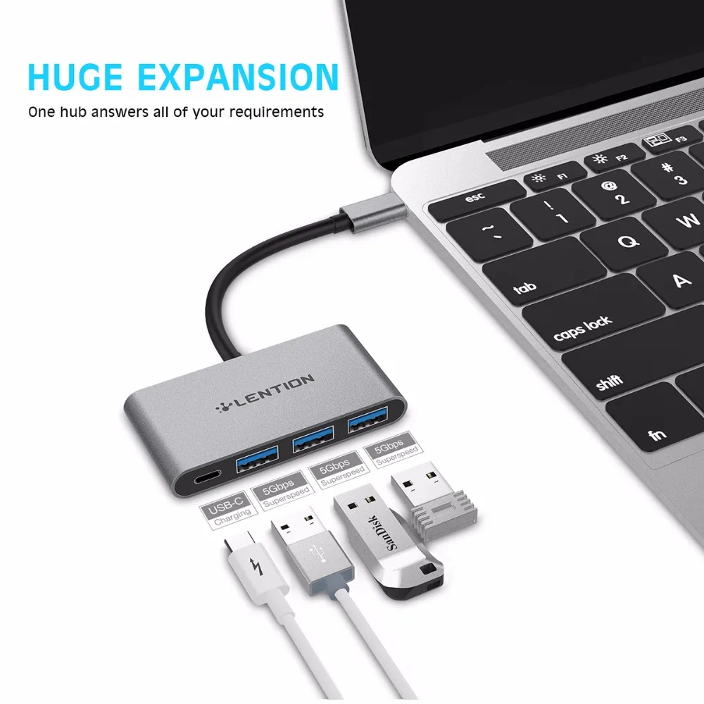 LENTION Thunderbolt 3 Type-C Super Speed OTG Adapter USB C PD Charging Power Delivery with 3.0 3-Port Converter Hub |