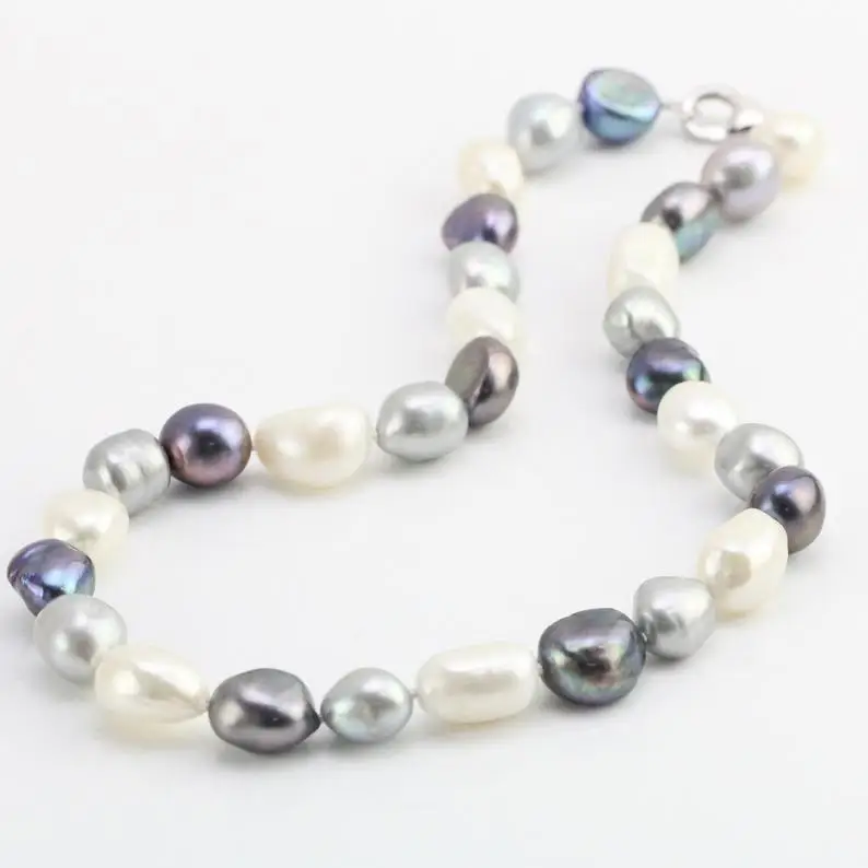 

New Arriver Baroque Pearl Necklace,11-12MM Large White Grey Black Mixes Color Freshwater Pearl Necklace Irregular Nugget Jewelry