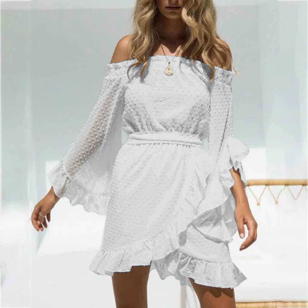 Женское платье с открытыми плечами JAYCOSIN шифоновое длинными рукавами и оборками