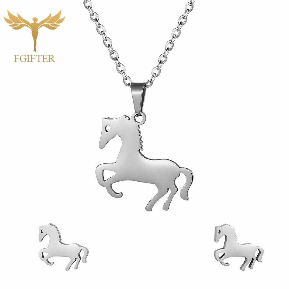 Horse Jewelry set Fgift, Детский комплект ювелирных изделий для девочек, серьги-гвоздики в виде лошади, ожерелье с подвеской, ювелирные изделия из нержавеющей стали, детский подарок - Окраска металла: Horse Jewelry set