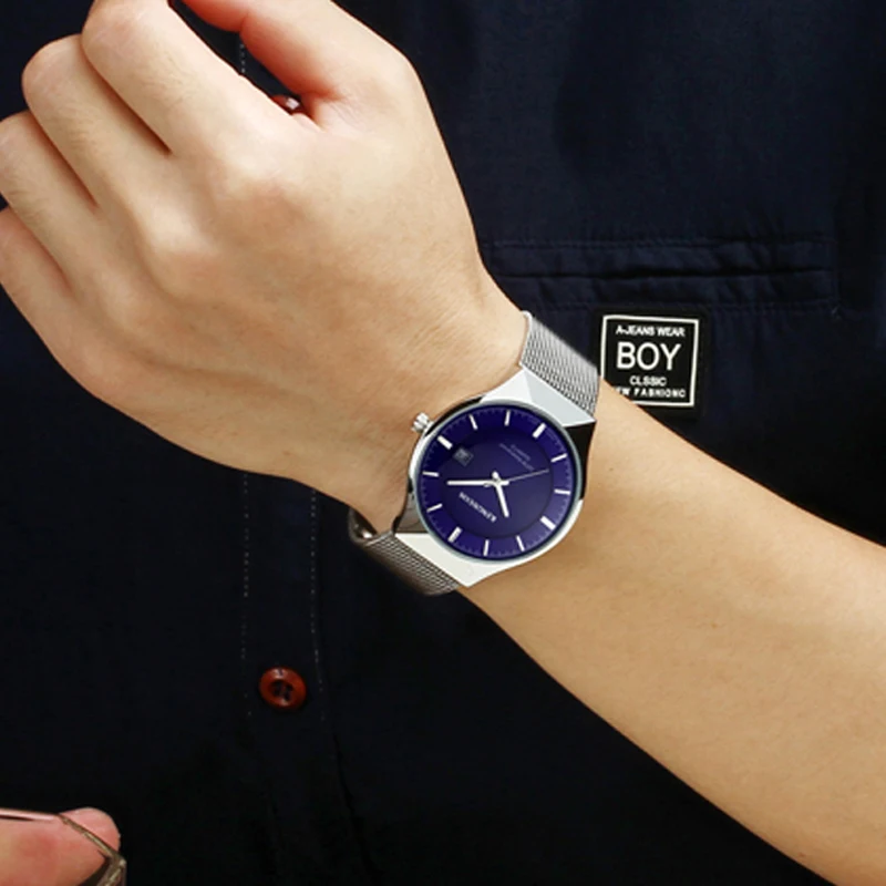 Часы мужские кварцевые ультратонкие водонепроницаемые с календарем сетчатым