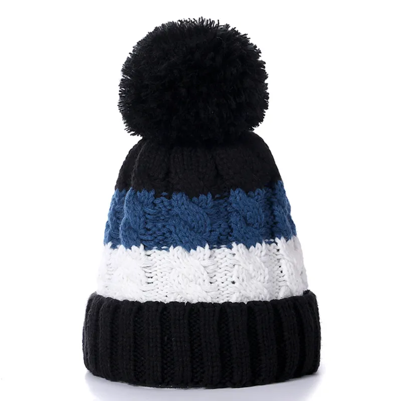 Black Blue Новая теплая зимняя женская шапка, женская мягкая шапка с меховой подкладкой, теплый шарф для шеи, толстая цветная вязаная шапка в полоску, модная шапка с помпоном - Цвет: Black Blue