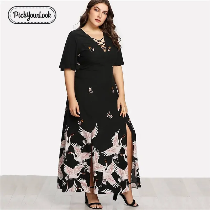 Pickyourlook женское платье большого размера с коротким рукавом, летние элегантные большие женские макси платья, китайские винтажные платья с v-образным вырезом, Femme VestidosD40