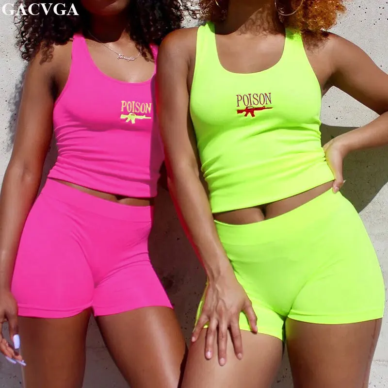 

GACVGA 2019 Letter Skinny Sexy Playsuit Women Tank Sleeveless Summer Two Piece Set Women Beach Casual Short Jumpsuit Rompers