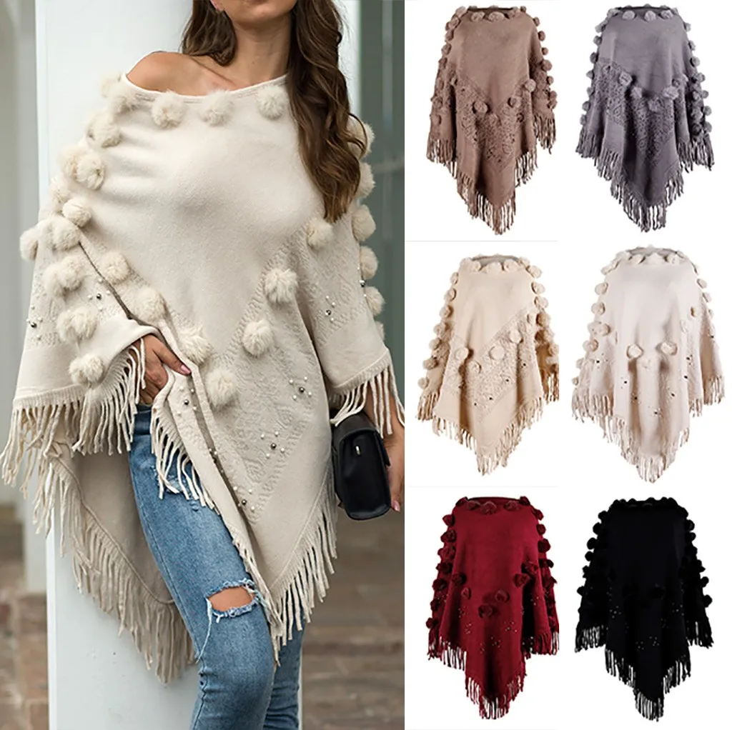 Women O-Neck Solid Hairball Tassel Sweater Autumn Vintage Pulover Fashion Coat Loose Knitted Shawl Poncho Ladies Clothes#N | Женская