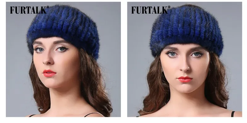 FURTALK, норковый мех, зимний головной убор для женщин, теплый вязаный натуральный мех норки, повязка на голову, меховая шапка, женские меховые аксессуары для волос