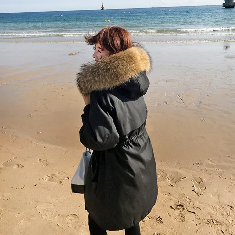 Большой воротник из натурального меха енота 2018 зимняя женская куртка с капюшоном