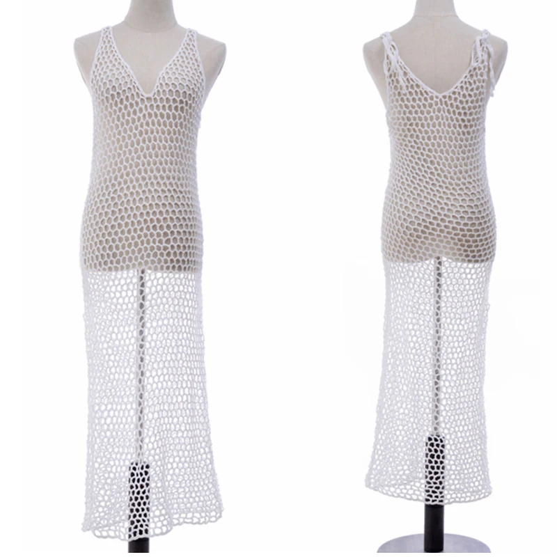 Сексуальное вязаное крючком платье накидка на бикини женское облегающее длинное