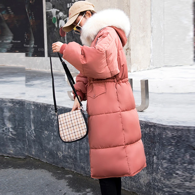 Теплая плотная женская зимняя куртка с капюшоном и меховым воротником, Женская длинная стеганая парка, Свободное пальто большого размера
