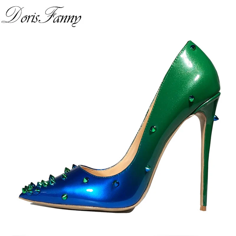 

DorisFanny Patent Leather heels Shoes Pointed Toe Women Pumps Rivet Studded For Wedding Party Dress Stiletto Woman Size 35-45