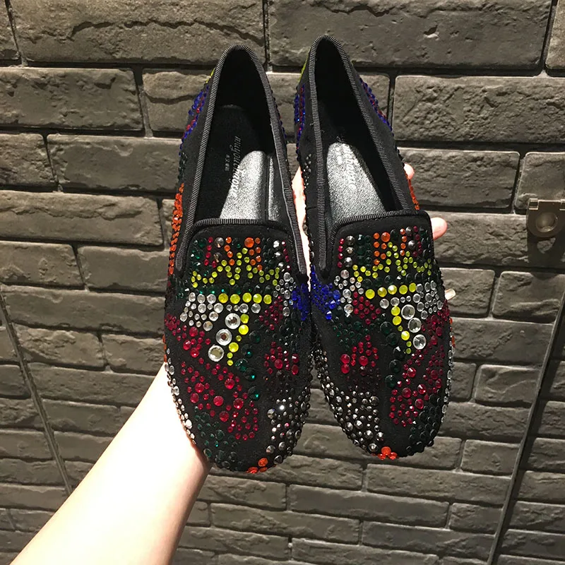 YUE JABON loafers shoes women luxury colorful crystal slip on platform casual shoes woman shinning bling solid flat heels shoes
