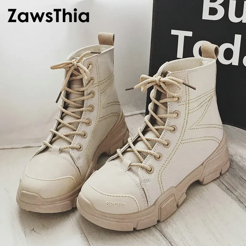ZawsThia/женские парусиновые ботильоны со шнуровкой на платформе с круглым носком