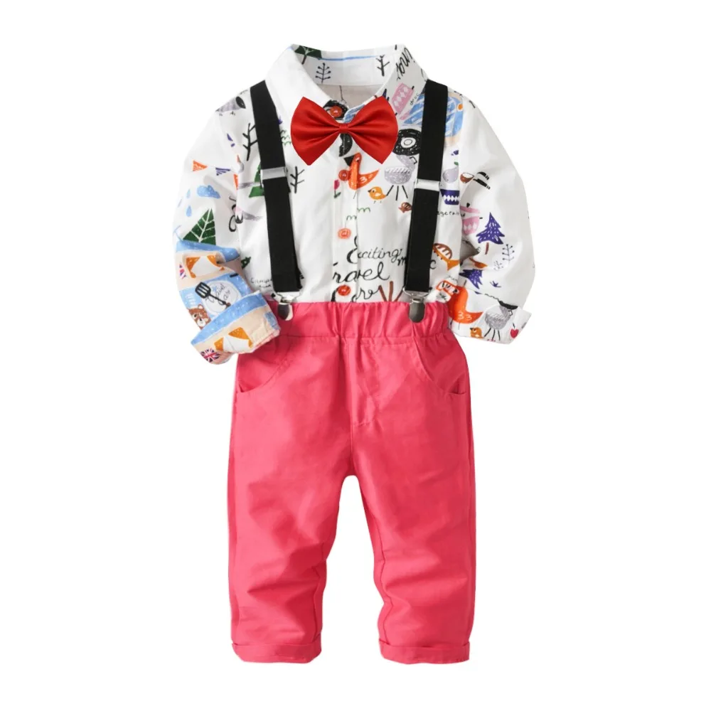 

Fashion Cotton cartoon shirt + denim trousers + bow tie + strap set Children gentleman dating four-piece set children's clothing