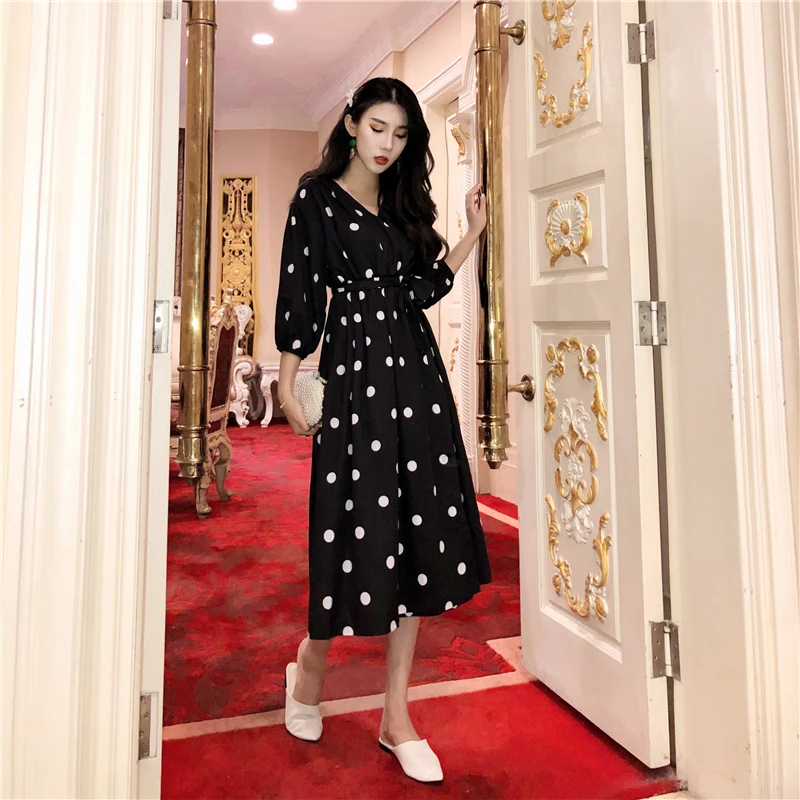 Лето 2019 женское длинное платье в белый горошек вечернее новинка|Женские платья| |
