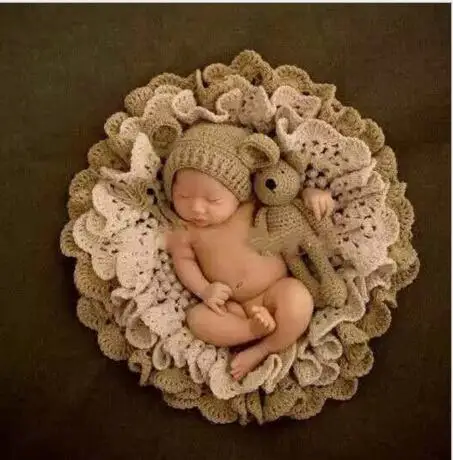 Newborn photography Props hand-knitted Hot  baby bear double flowers blanket woven suits