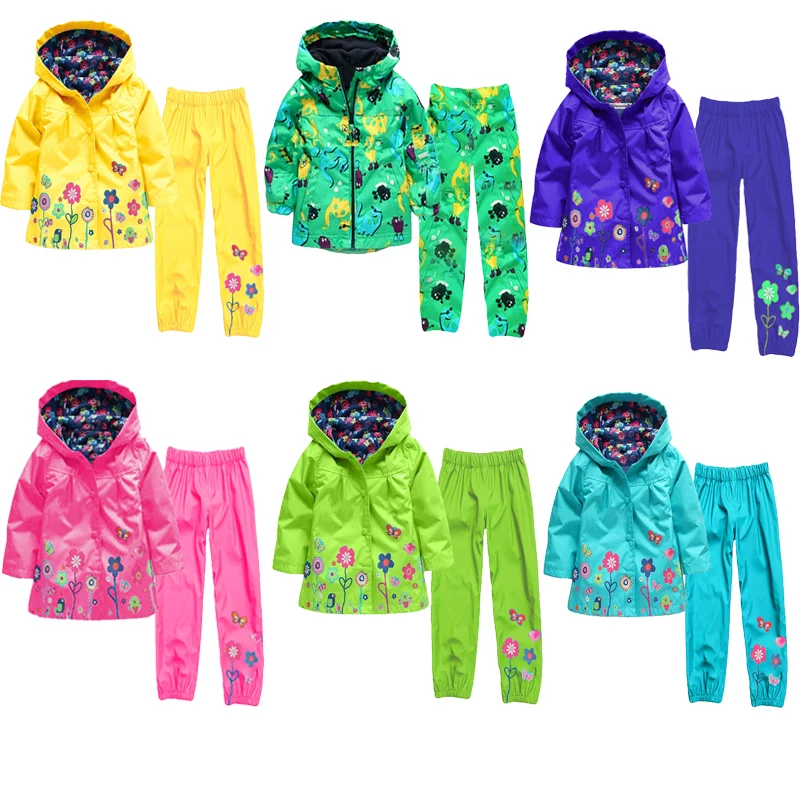 

Baby Girls Spring Windbreaker Set Hooded Zipper Raincoat Children Clothing Set Boy Jacket Outerwear Kids Suit Flower Clothes 2-6