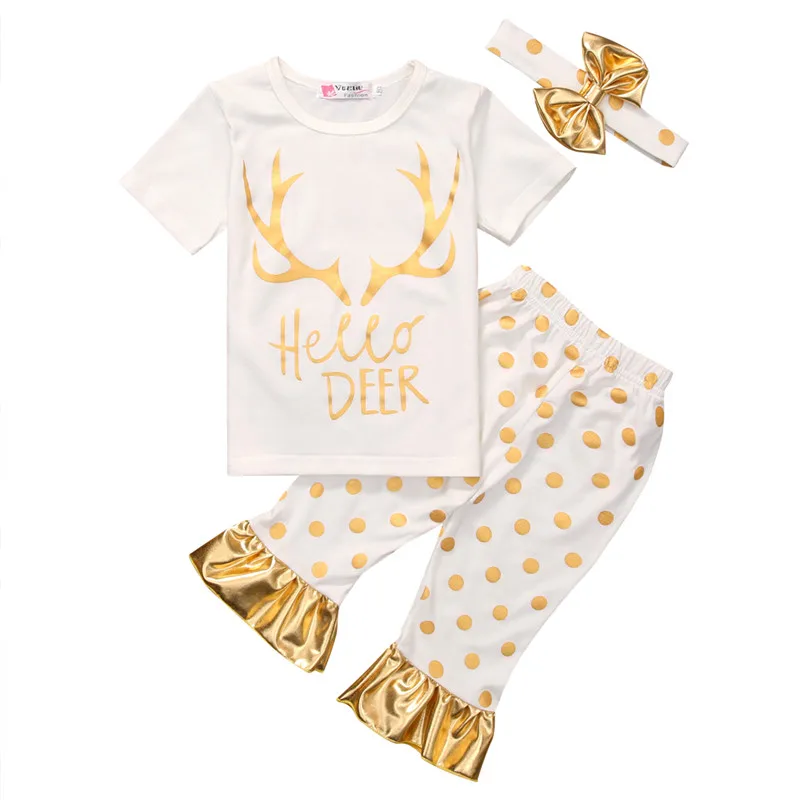 Новинка 2017 комплект одежды hello Deer в золотистый горошек для новорожденных малышей