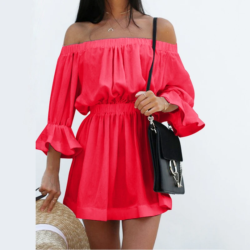 2018 Summer Women Sexy Off Shoulder Dress Slash Neck Backless Flare Sleeves Solid Color Cotton | Женская одежда