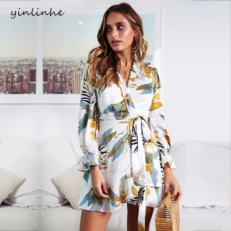 Yinlinhe/Белое летнее праздничное платье с цветочным рисунком длинным рукавом и v