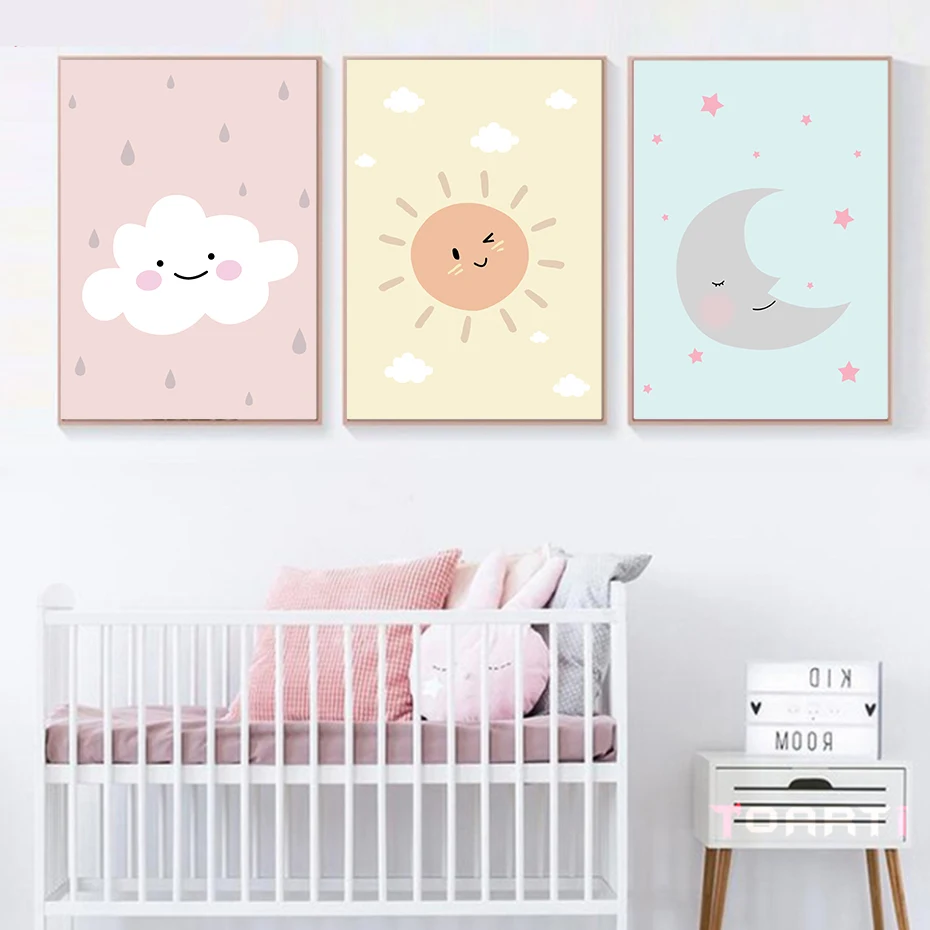 

Colorful Cartoon Kids Decorative Posters Prints Cute Sun Moon Clouds Canvas Painting Creative Wall Art Pictures For Children