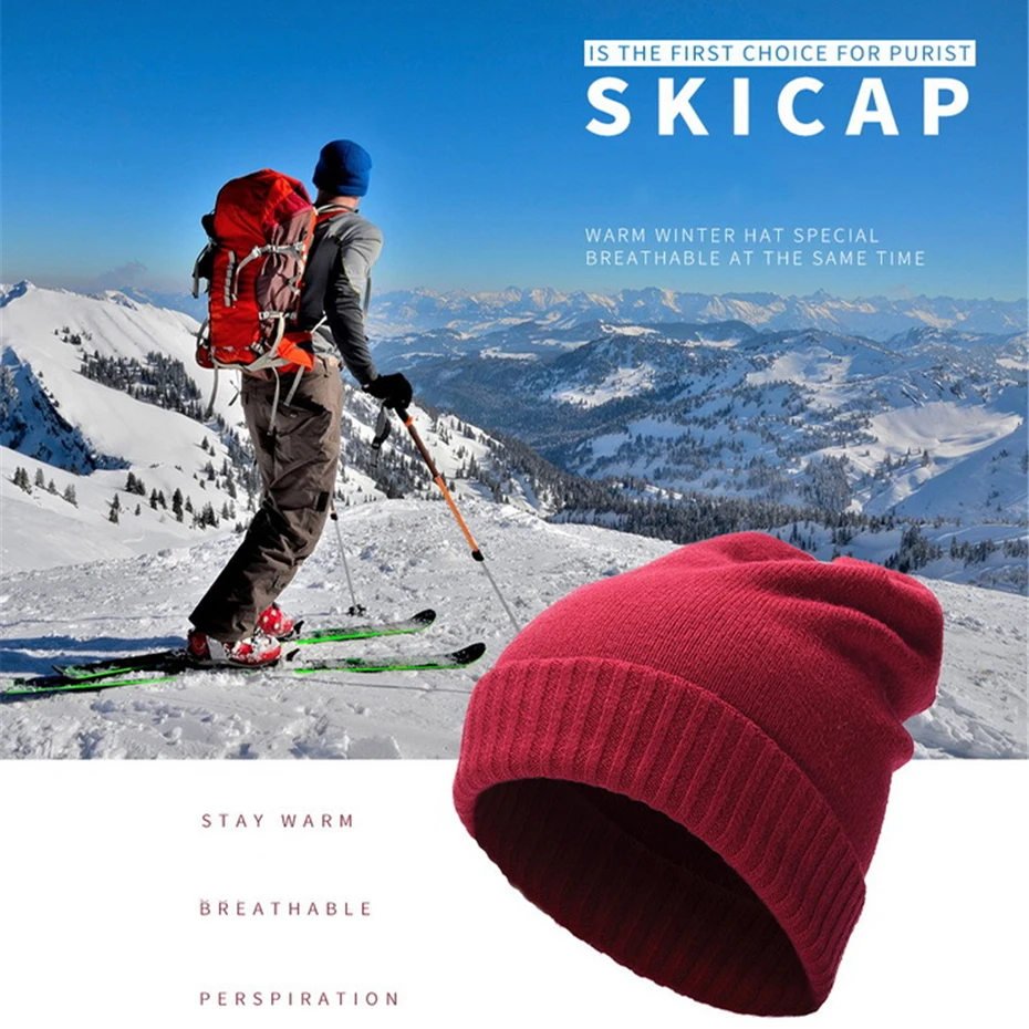 Snow Ski Cap Beanies For Women Men Autumn &amp Winter Thick Warm Solid Color Dual-layer Knitted hat Outdoor Leisure Sports Caps | Спорт и