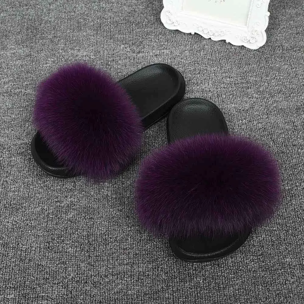 Purple Jancoco Max/модные шлепанцы с натуральным лисьим мехом; женские шлепанцы; летние пляжные сандалии; Вьетнамки с натуральным мехом; S6043 - Цвет: Purple