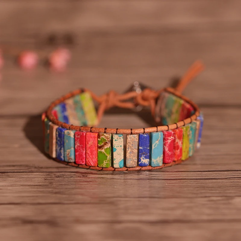 Chakra Bracelet Handmade 7 Natural Tube Beads Stone Leather Wrap Multi Color Bangle for Women Men Couples Bracelets | Украшения и