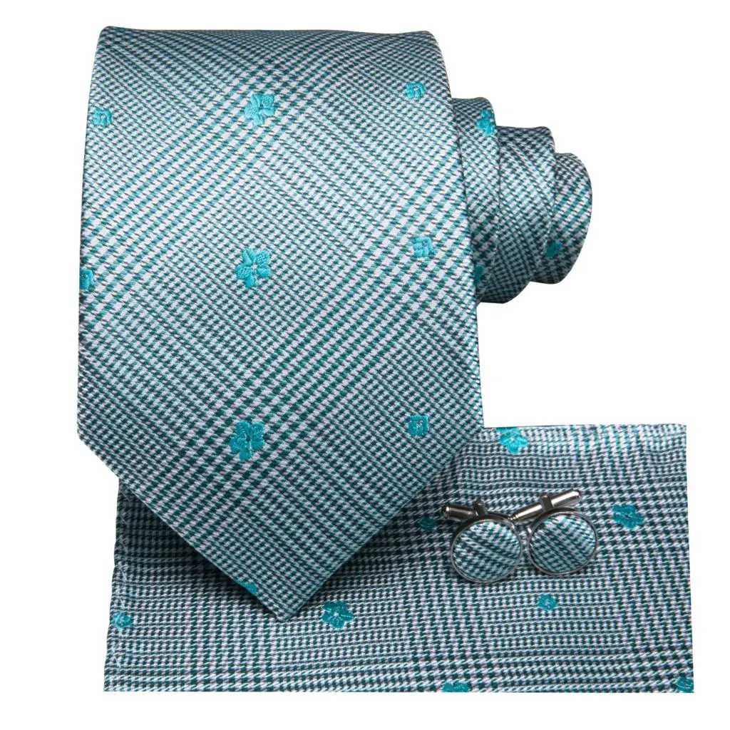 Hi-Tie Men Tie Silk New Plaid Ties for Blue Floral Neckties Hanky Cufflinks Set Men's Male Wedding Party Gravatas SN-3215 | Аксессуары