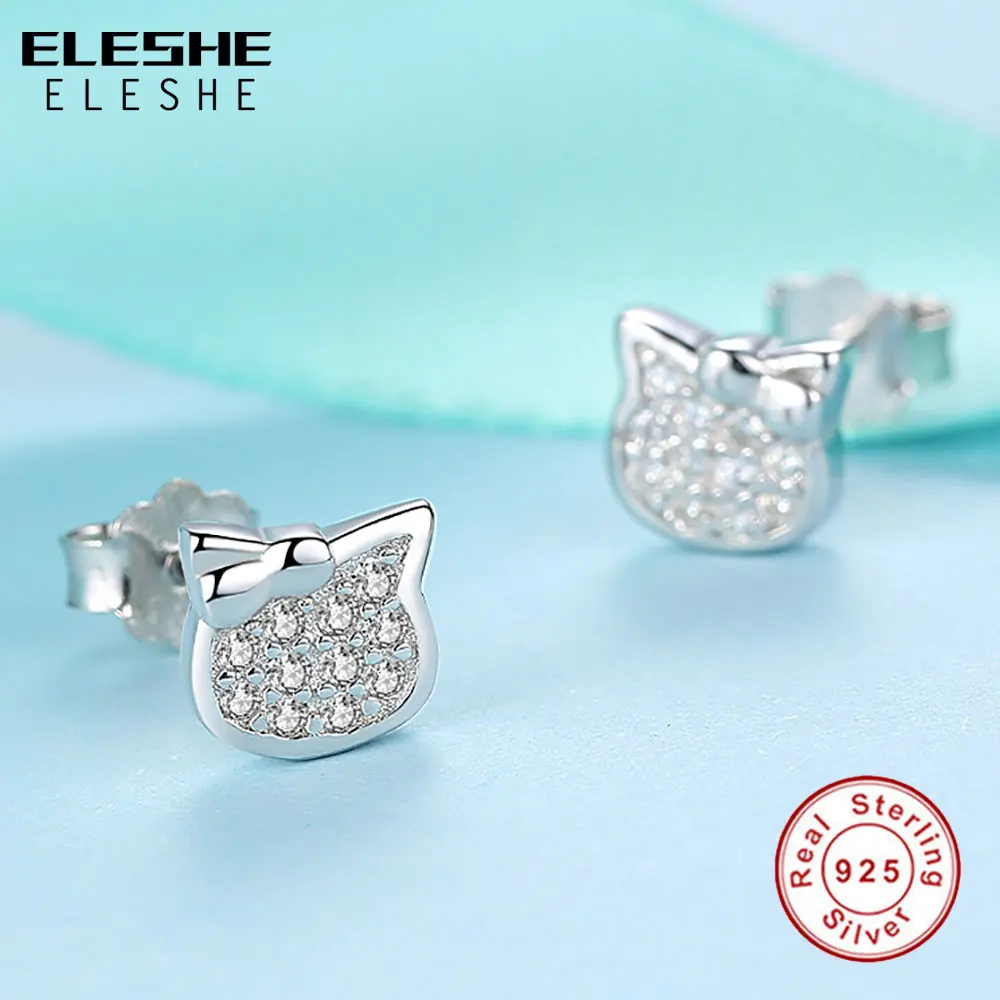 Женские серьги-гвоздики ELESHE с мультяшными животными котами, милые 925 пробы серебряные серьги, серьги для девушек, рождественские подарки