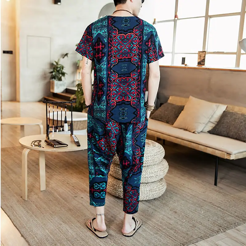 

Men's Set Casual Suit Cotton Linen T Shirt + Harem Pants Oversize Men T-shirt Male 2020 Summer Print Tracksuit
