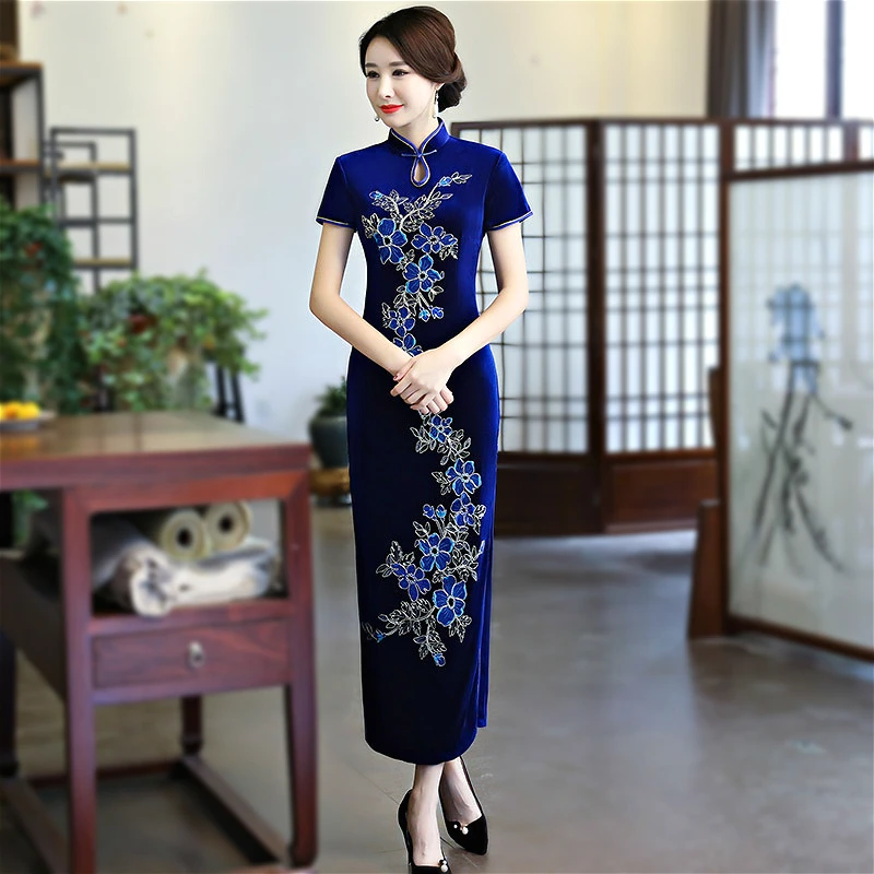 SHENG COCO китайское велюровое вечернее синее платье Cheongsam дамское длинное Шанхай Chipao