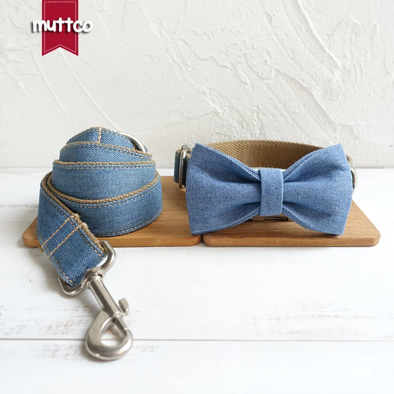 Ошейник MUTTCO для собак ручной работы с бантиком собачий ошейник и поводок синего