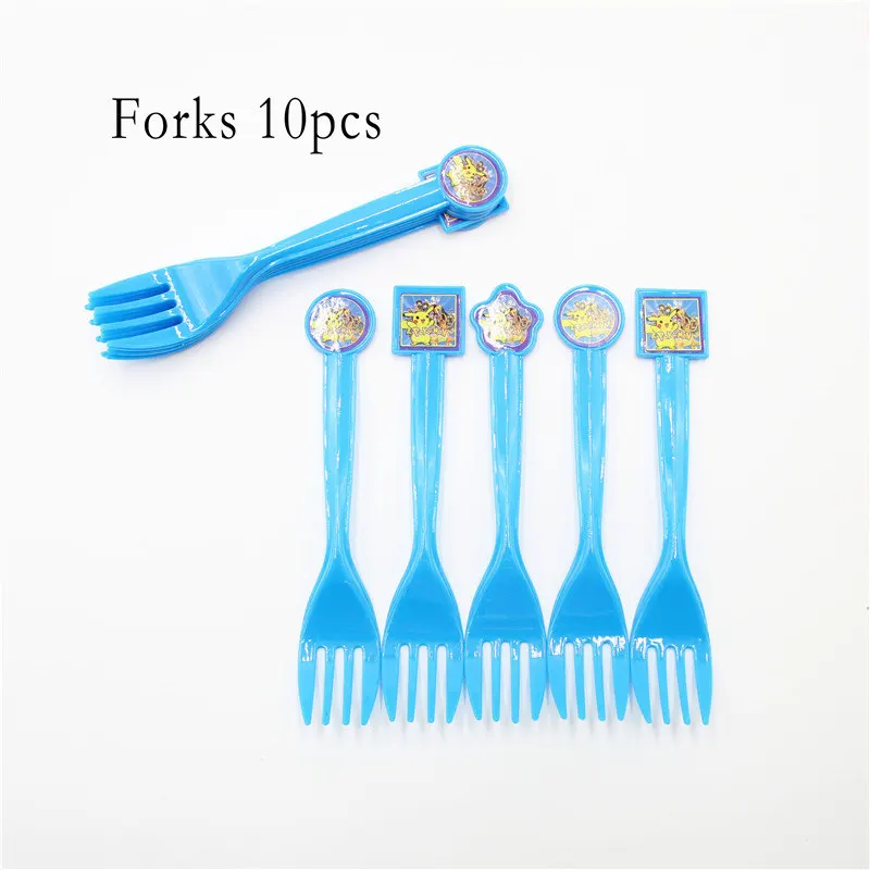 Forks 10pcs Украшения для дня рождения для детей, мальчиков, Покемон, одноразовая посуда, Набор салфеток, тарелки, Подарочная сумка, фольгированный шар, Покемон, вечерние принадлежности - Цвет: Forks 10pcs