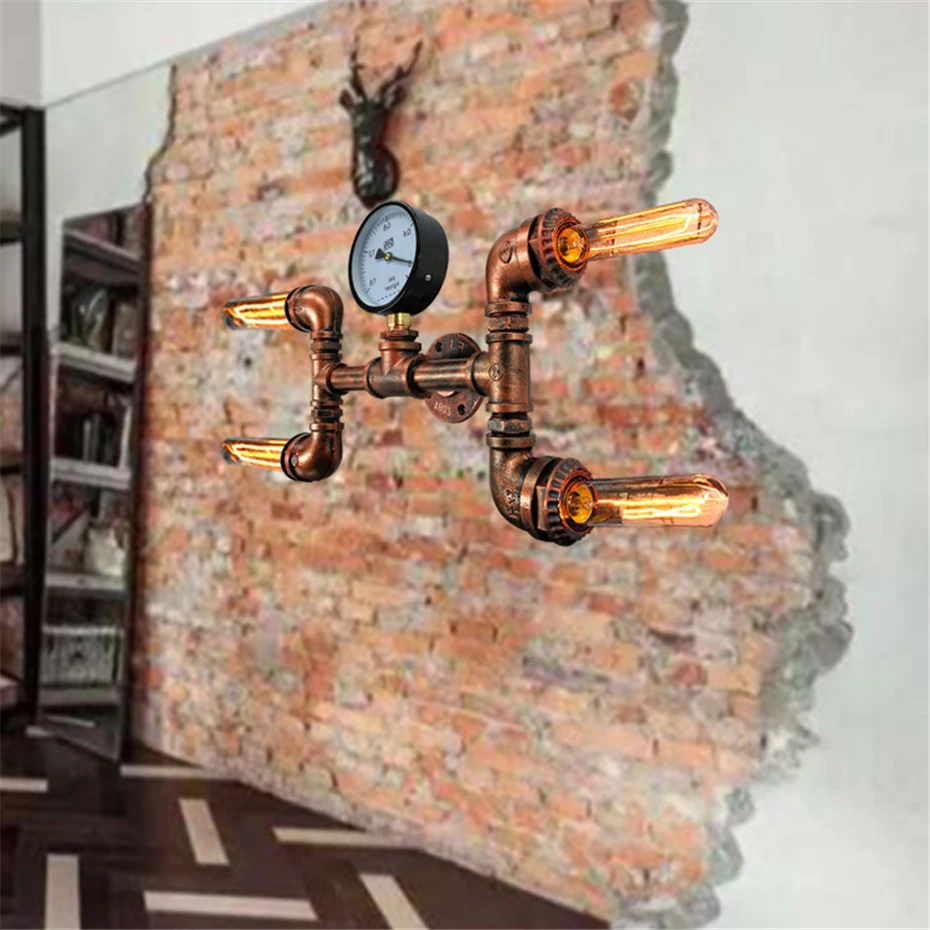 

Creative 4 Heads Water Pipe Wall Light Retro Industrial Wind Wrought Iron E27 Wall Lamp For Restaurant Bar Coffee Shop Warehouse