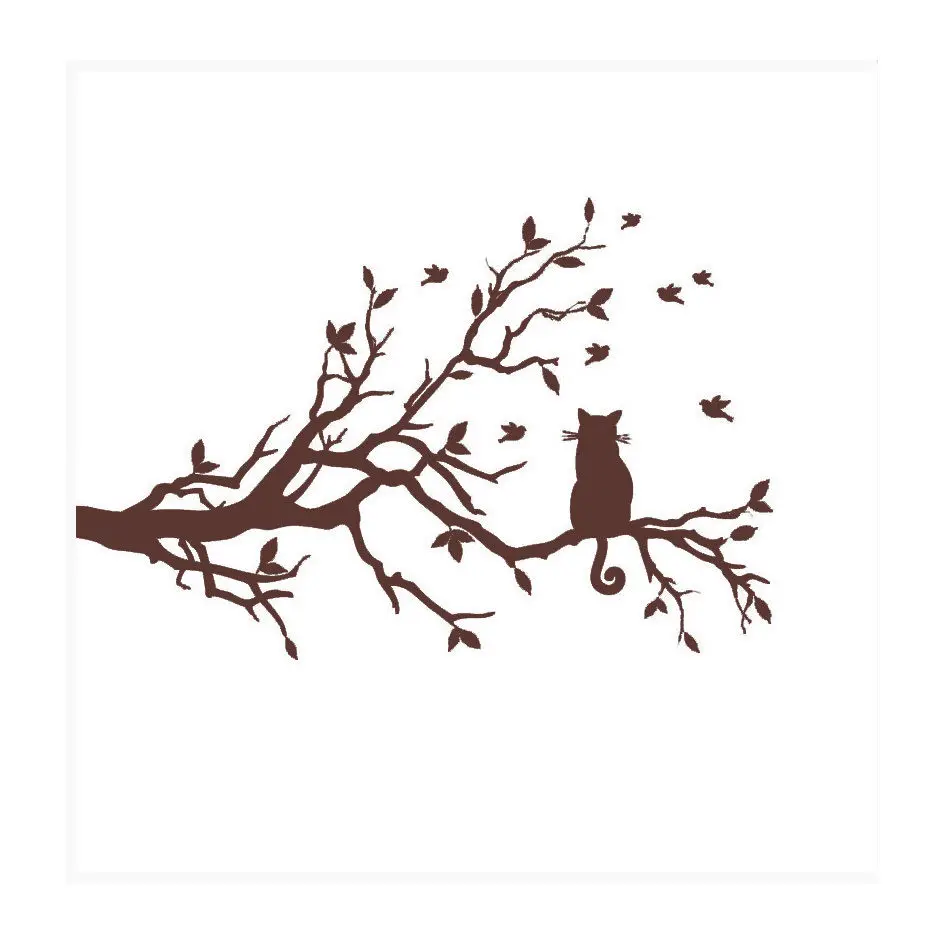 Кота на ветка дерева с птицами виниловая наклейка стену Стикеры Wall Art