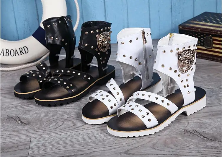 

Summer Men's Flats Loafers Sandals High Top Genuine Leather Gladiator Narrow Band Metal Side Zipper Male Moccasin Sandals Boots