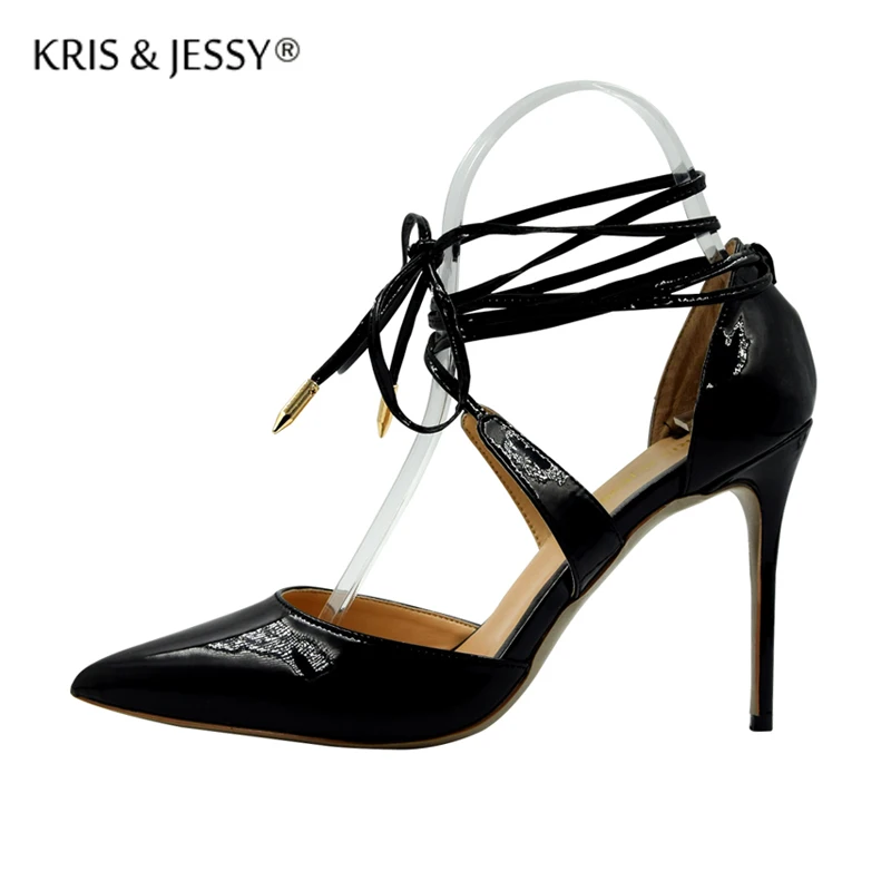 

Pointed Toe Sexy Cross Tied Women Gladiator Pumps Brighty Patent Leather Thin High Heels Sheepskin Inside Dress Shoes