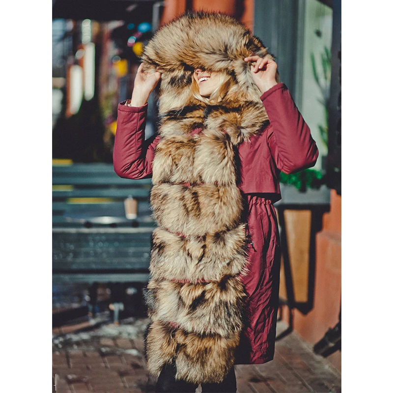 Роскошная женская Настоящая меховая парка, женское теплое плотное зимнее пальто, длинная куртка с подкладкой из енота, парка с мехом кролика рекс