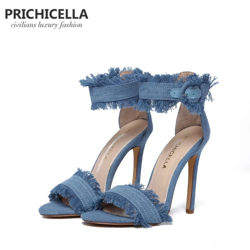 

PRICHICELLA blue denim ankle strap high heel sandals genuine leather summer stiletto heels