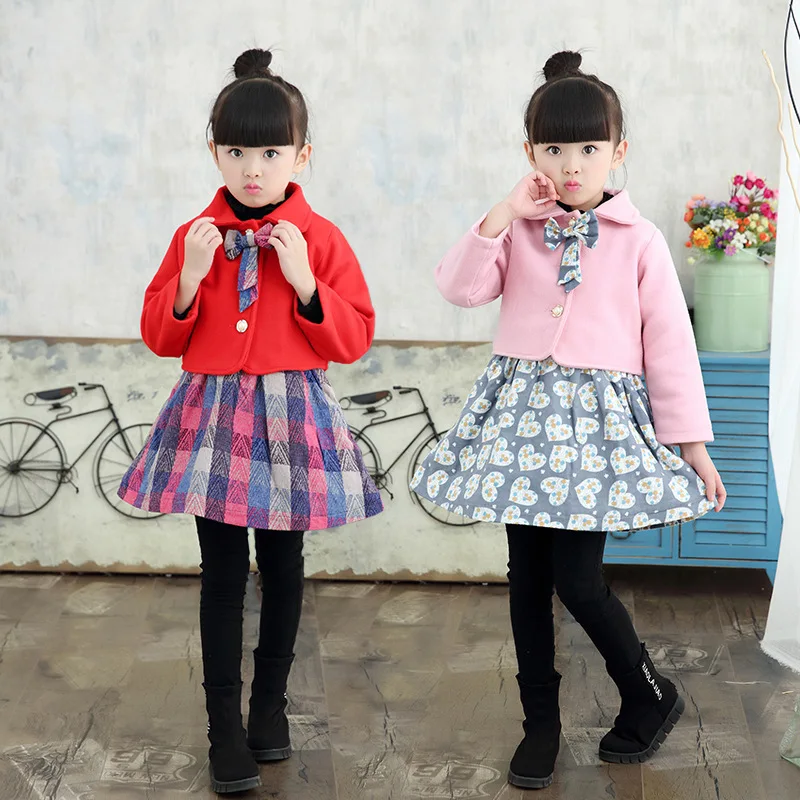 Горячие Продажа Осень-Зима Девушки Две Пьесы Костюм Шерстяные Лук Пальто + Платье