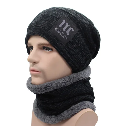 black set AETRUE зимняя вязаная шапка шапочки для мужчин женщин шарф Шапки Маска капор Теплые Мешковатые зимние шапки для мужчин зимняя шапки - Цвет: black set