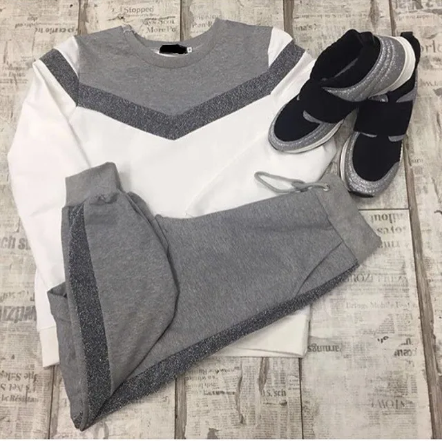 

Autumn Tracksuit Women Long Sleeve Sequin Patchwork Sweatshirts Casual Two Piece Set Tops Pants Sporting Suit SJ188V