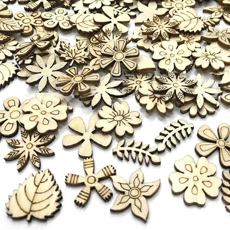 100 шт. лазерная резка дерева цветка и листьев украшенные деревянная форма craft